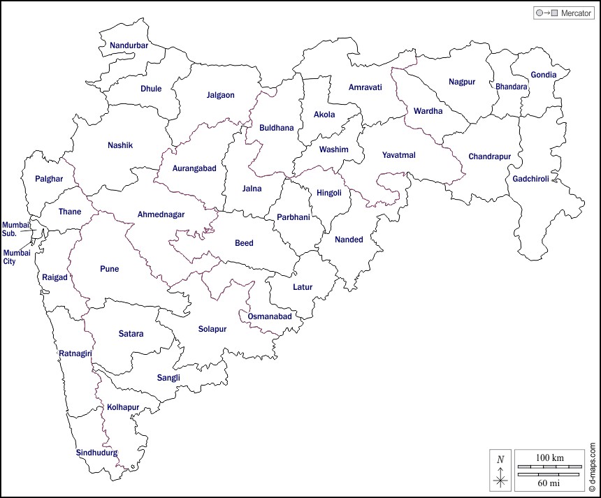 Map of Maharashtra showing districts patients travel from to Hazari Eye Hospital